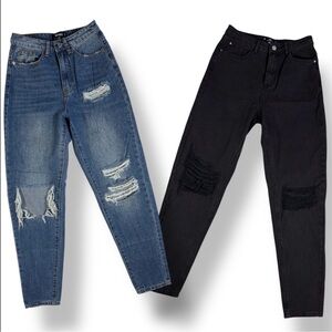 2PC Bundle! Missguided Riot High Rise Mom Jeans Distressed Black & Blue 0